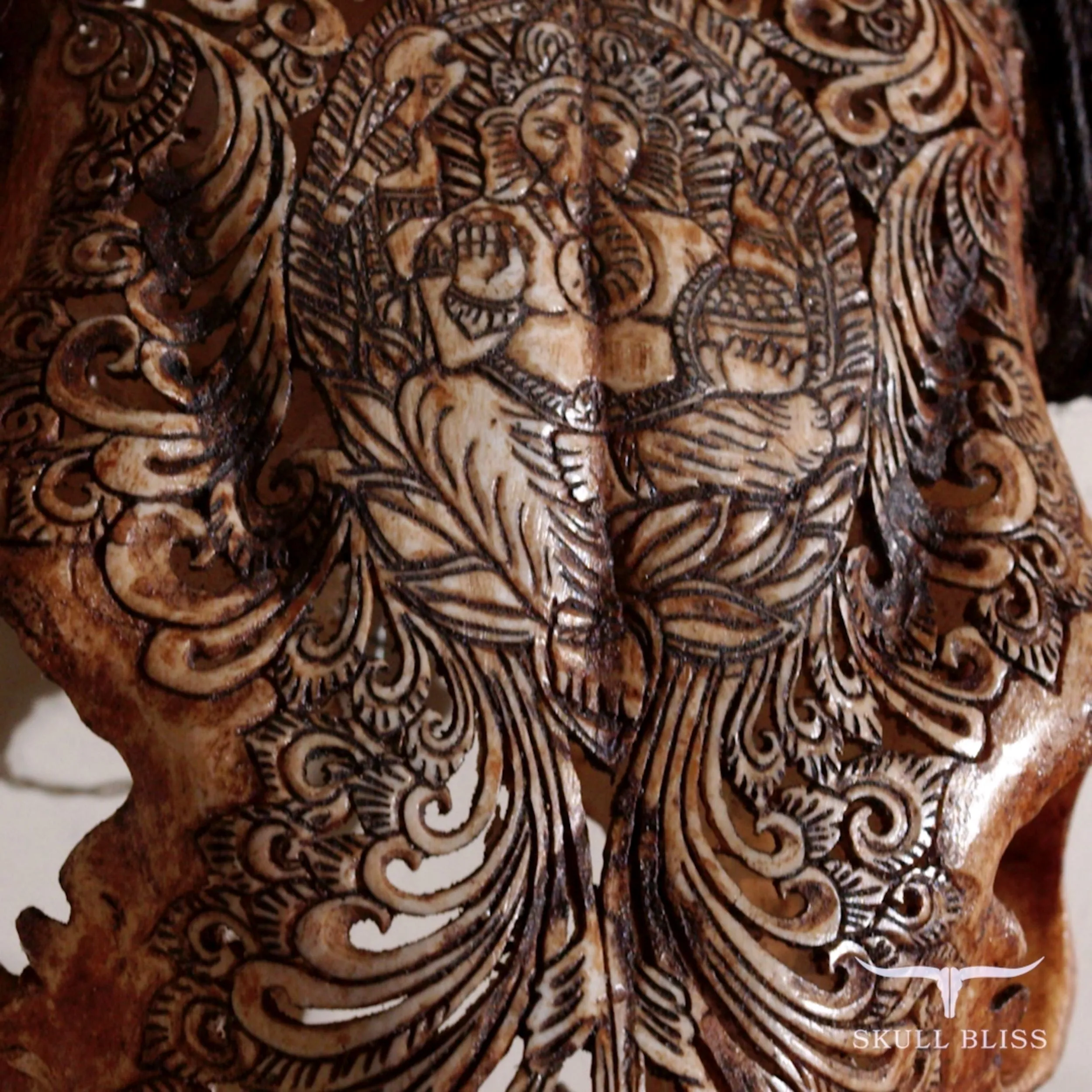 Hand Carved Cow Skull - Antique Ganesha