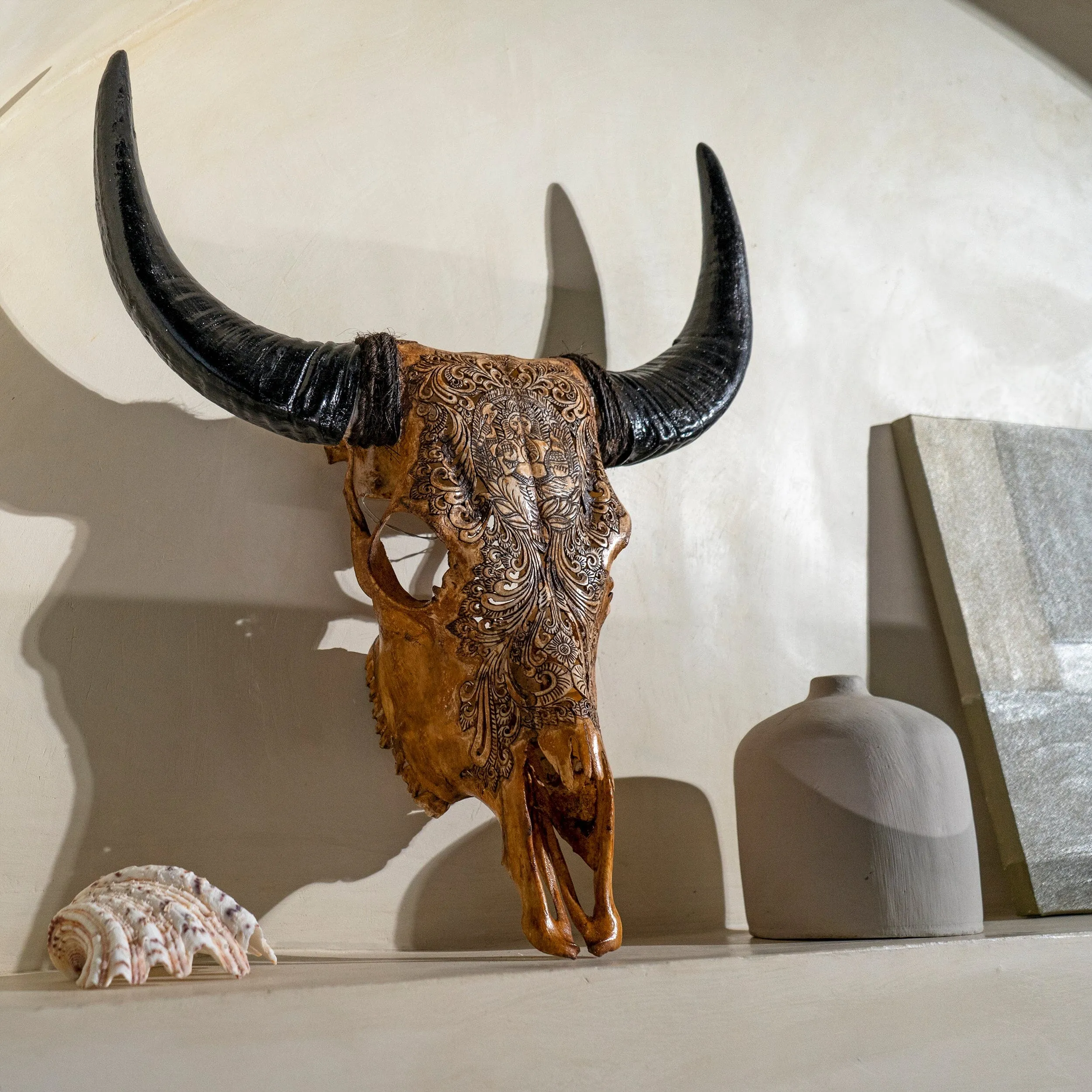 Hand Carved Cow Skull - Antique Ganesha