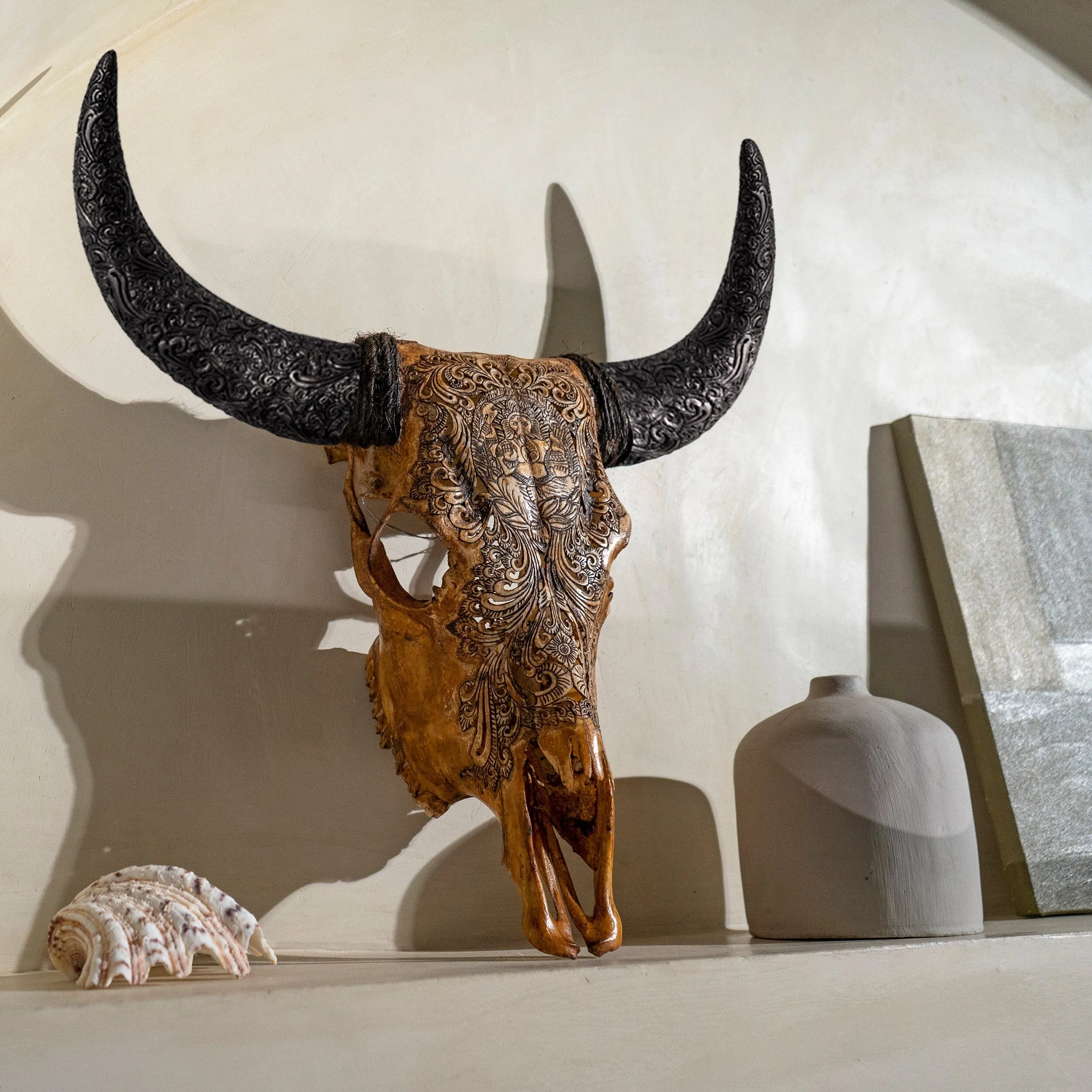 Hand Carved Cow Skull - Antique Ganesha
