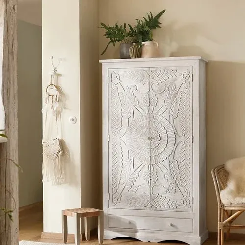 Hand-Carved Solid Wooden Indian Armoire In White Color | Indian Furniture