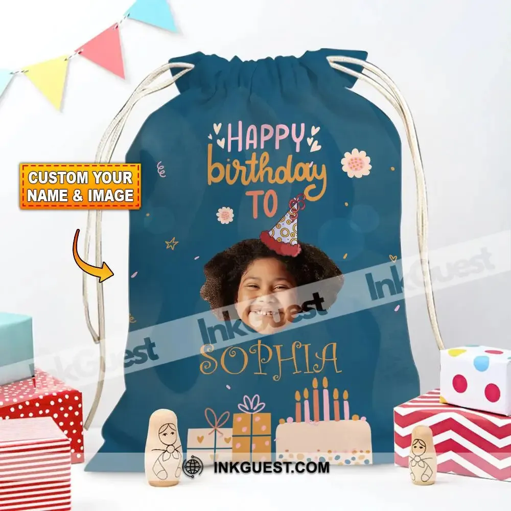 Happy Birthday Gift Custom Photo And Text, Personalized String Bag