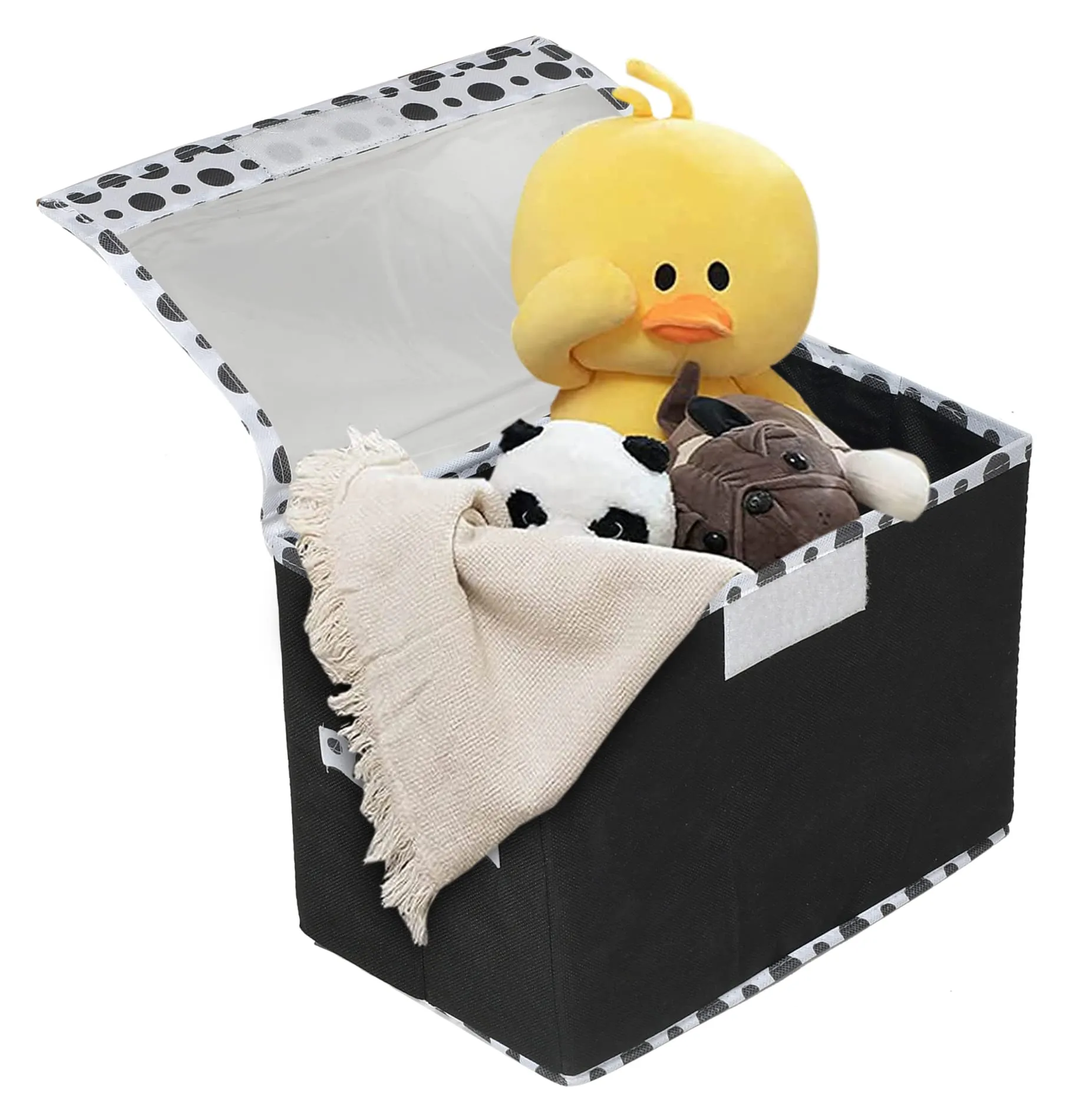 Heart Home Dot Printed Foldable Small Non-Woven Storage Box/Bin For Books, Towels, Magazines, DVDs & More With Tranasparent Lid- Pack of 2 (Black) -44HH0412