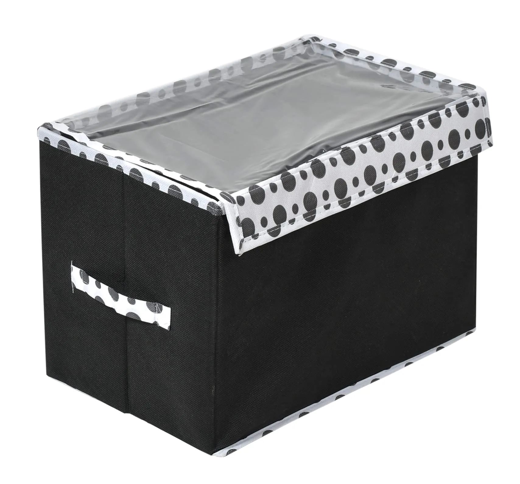 Heart Home Dot Printed Foldable Small Non-Woven Storage Box/Bin For Books, Towels, Magazines, DVDs & More With Tranasparent Lid- Pack of 2 (Black) -44HH0412
