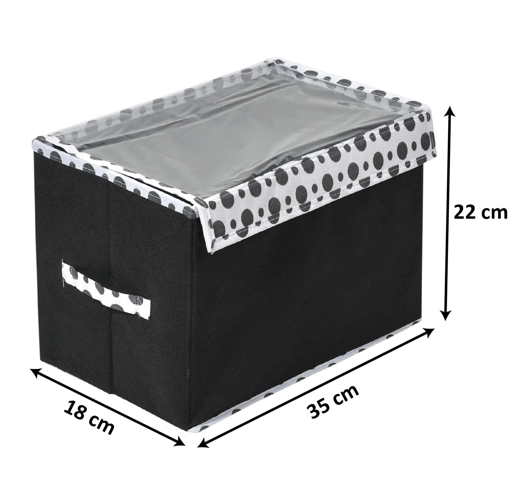 Heart Home Dot Printed Foldable Small Non-Woven Storage Box/Bin For Books, Towels, Magazines, DVDs & More With Tranasparent Lid- Pack of 2 (Black) -44HH0412