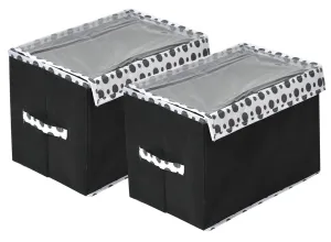 Heart Home Dot Printed Foldable Small Non-Woven Storage Box/Bin For Books, Towels, Magazines, DVDs & More With Tranasparent Lid- Pack of 2 (Black) -44HH0412