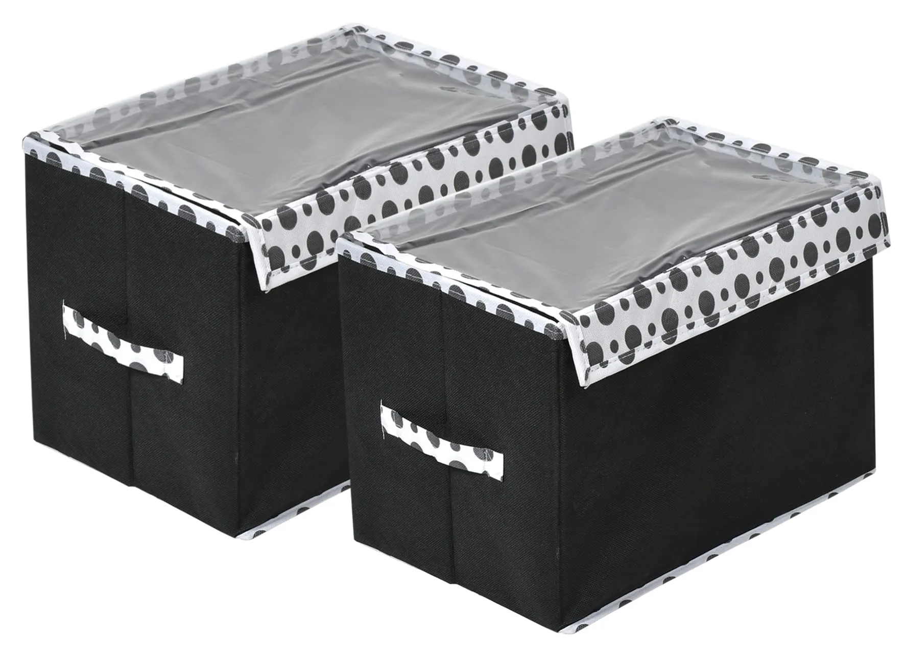 Heart Home Dot Printed Foldable Small Non-Woven Storage Box/Bin For Books, Towels, Magazines, DVDs & More With Tranasparent Lid- Pack of 2 (Black) -44HH0412