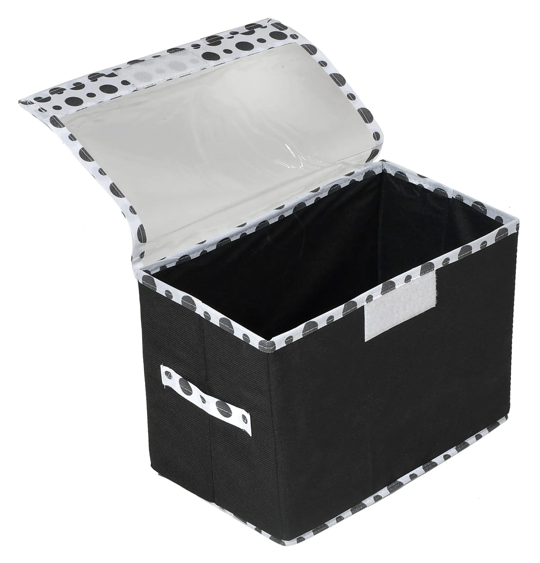 Heart Home Dot Printed Foldable Small Non-Woven Storage Box/Bin For Books, Towels, Magazines, DVDs & More With Tranasparent Lid- Pack of 2 (Black) -44HH0412