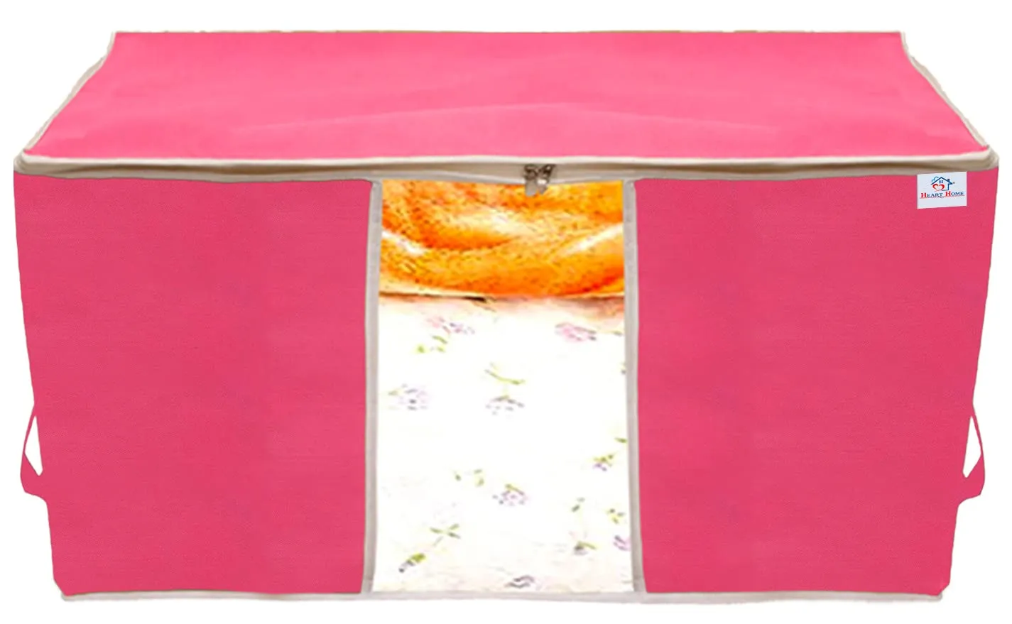 Heart Home Foldable Non Woven Clothes Storage Bag Wardrobe Organizer Underbed Bag With Tranasparent Window- Pack of 2 (Pink)-HS43HEARTH26729