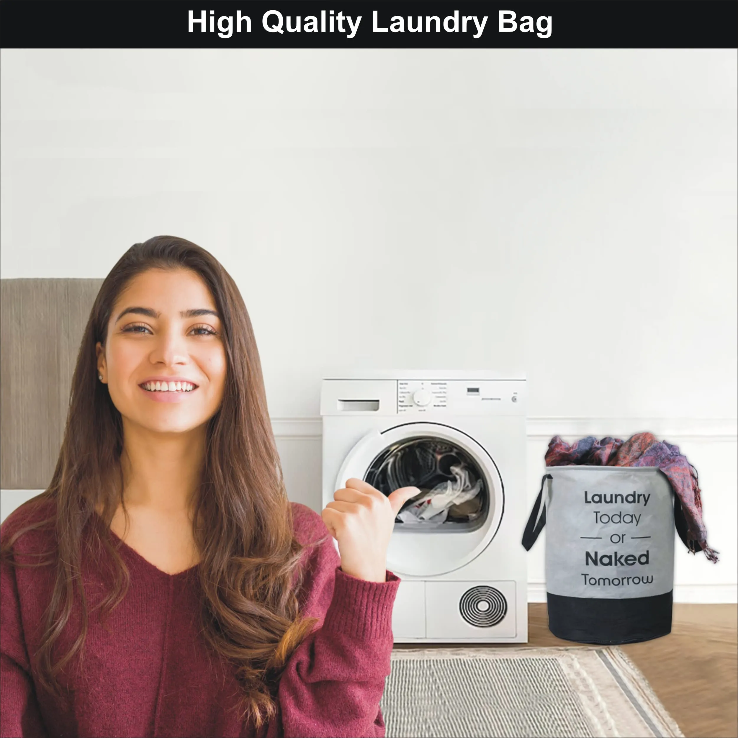 Heart Home Waterproof Round Non Wovan Laundry Bag/Hamper|Metalic Printed With Handles|Foldable Bin & 45 Liter Capicity|Size 37 x 37 x 49, Pack of 1 (Grey & Black)-HEARTXY11447