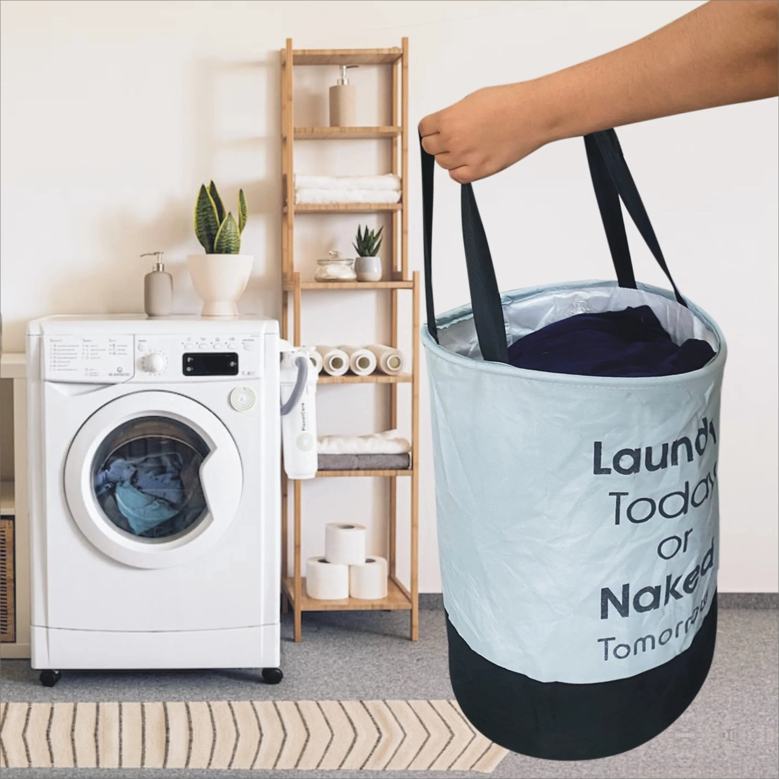 Heart Home Waterproof Round Non Wovan Laundry Bag/Hamper|Metalic Printed With Handles|Foldable Bin & 45 Liter Capicity|Size 37 x 37 x 49, Pack of 1 (Grey & Black)-HEARTXY11447