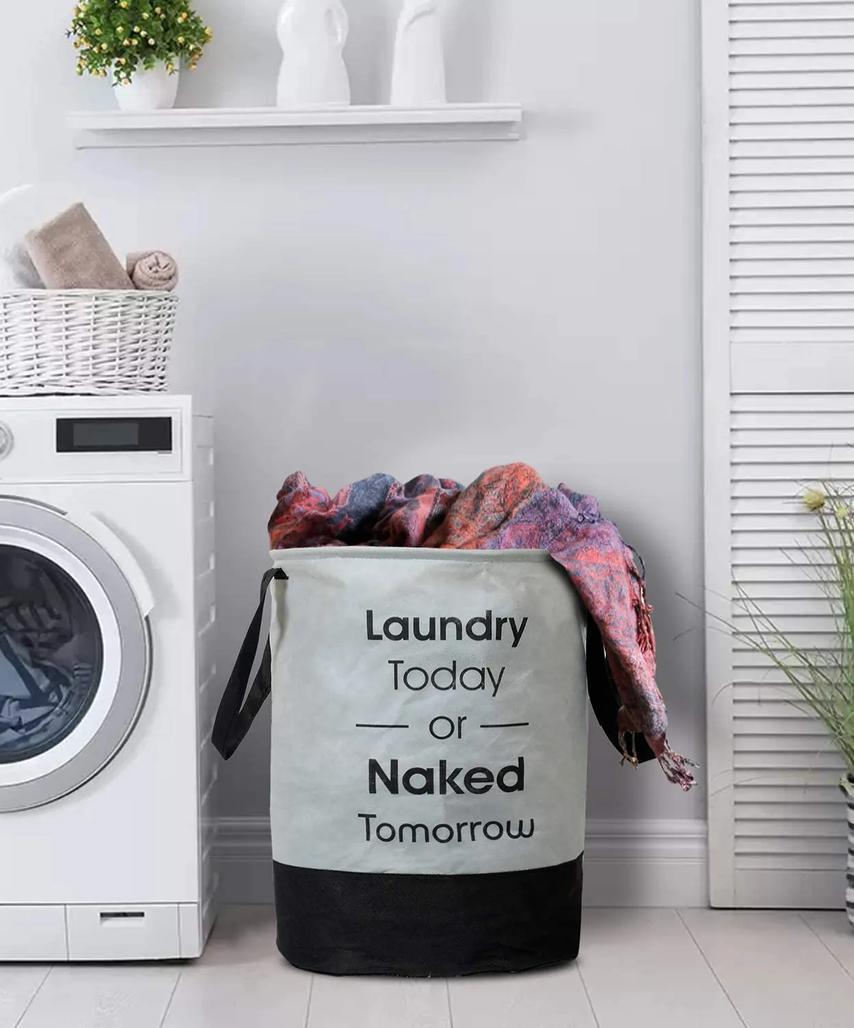 Heart Home Waterproof Round Non Wovan Laundry Bag/Hamper|Metalic Printed With Handles|Foldable Bin & 45 Liter Capicity|Size 37 x 37 x 49, Pack of 1 (Grey & Black)-HEARTXY11447