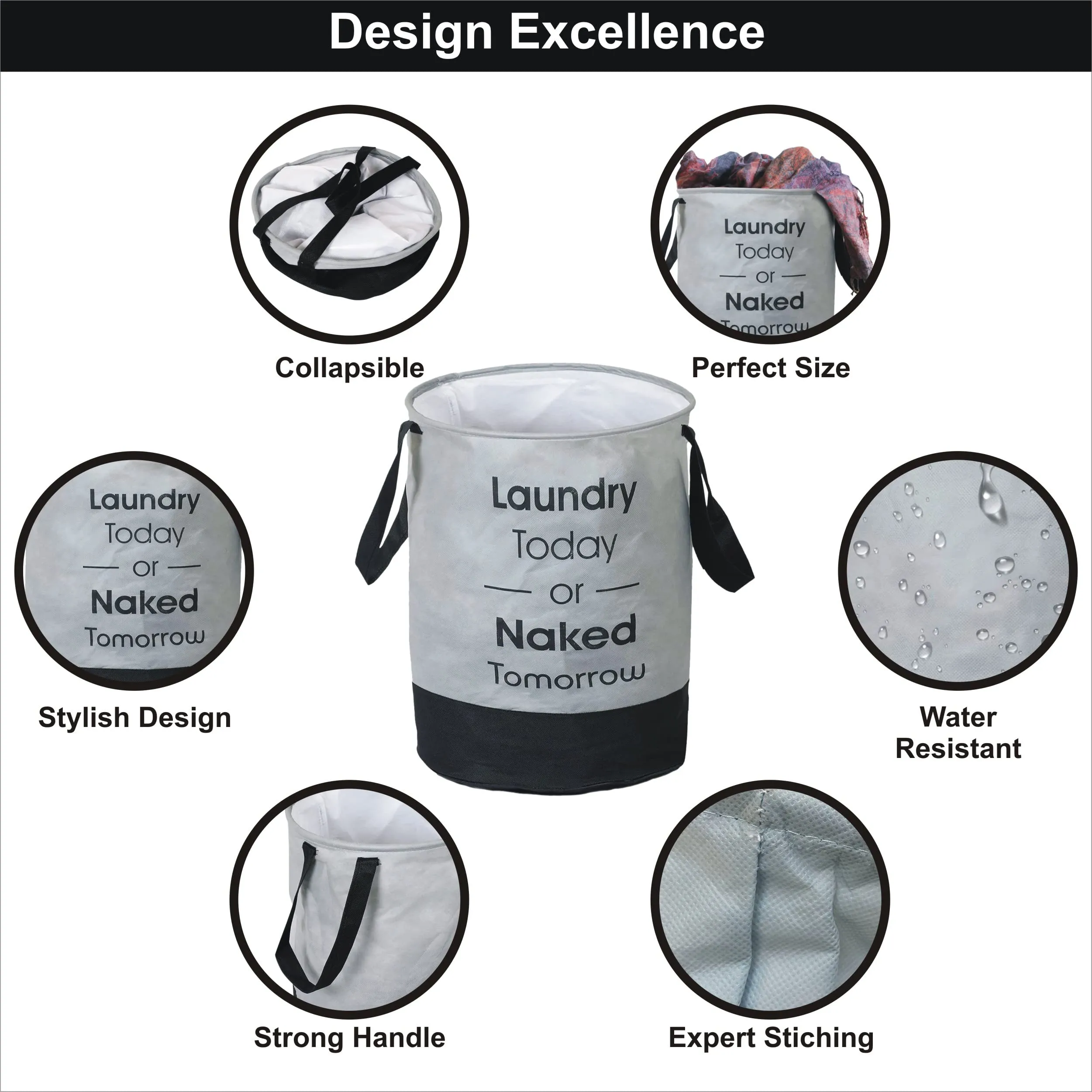 Heart Home Waterproof Round Non Wovan Laundry Bag/Hamper|Metalic Printed With Handles|Foldable Bin & 45 Liter Capicity|Size 37 x 37 x 49, Pack of 1 (Grey & Black)-HEARTXY11447
