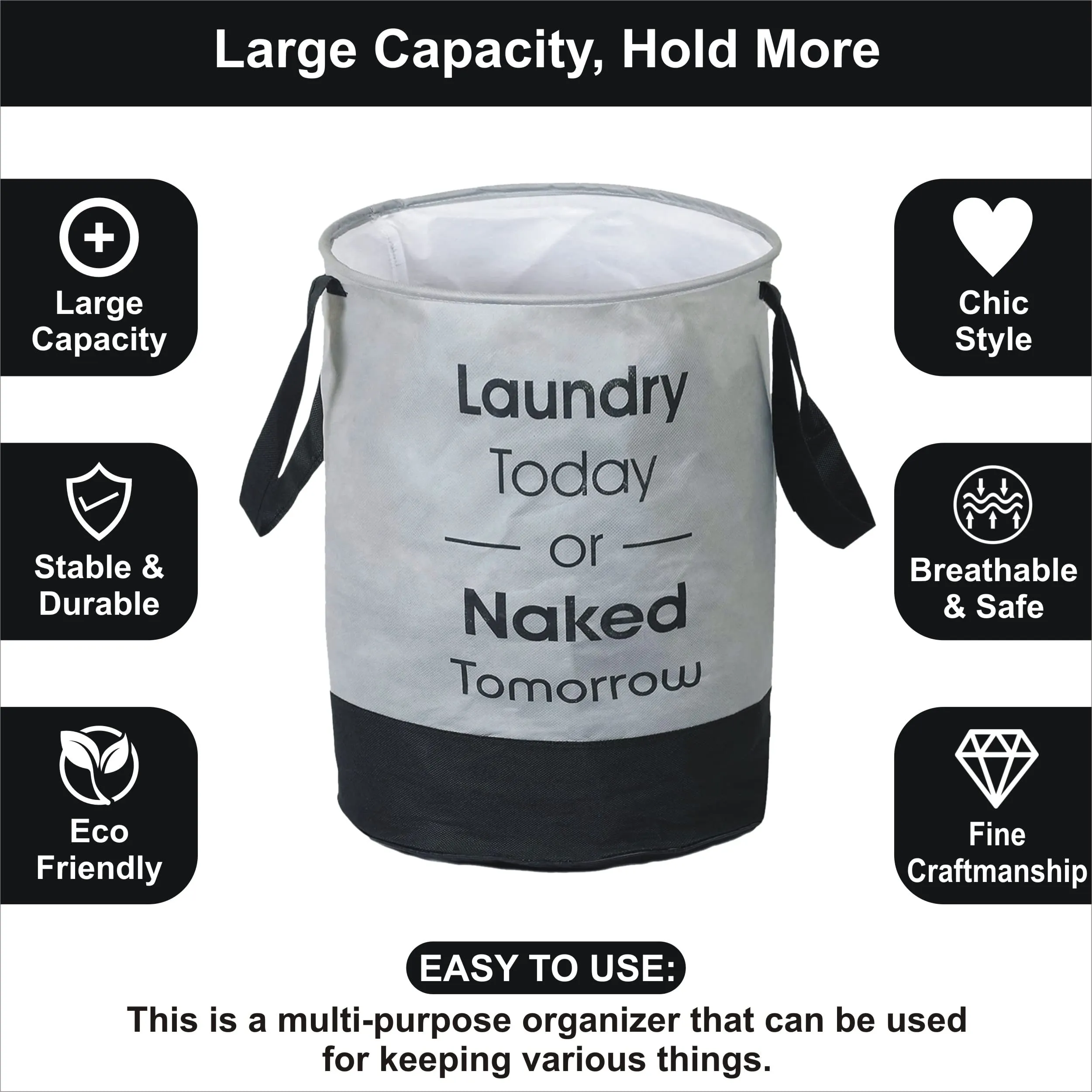 Heart Home Waterproof Round Non Wovan Laundry Bag/Hamper|Metalic Printed With Handles|Foldable Bin & 45 Liter Capicity|Size 37 x 37 x 49, Pack of 1 (Grey & Black)-HEARTXY11447