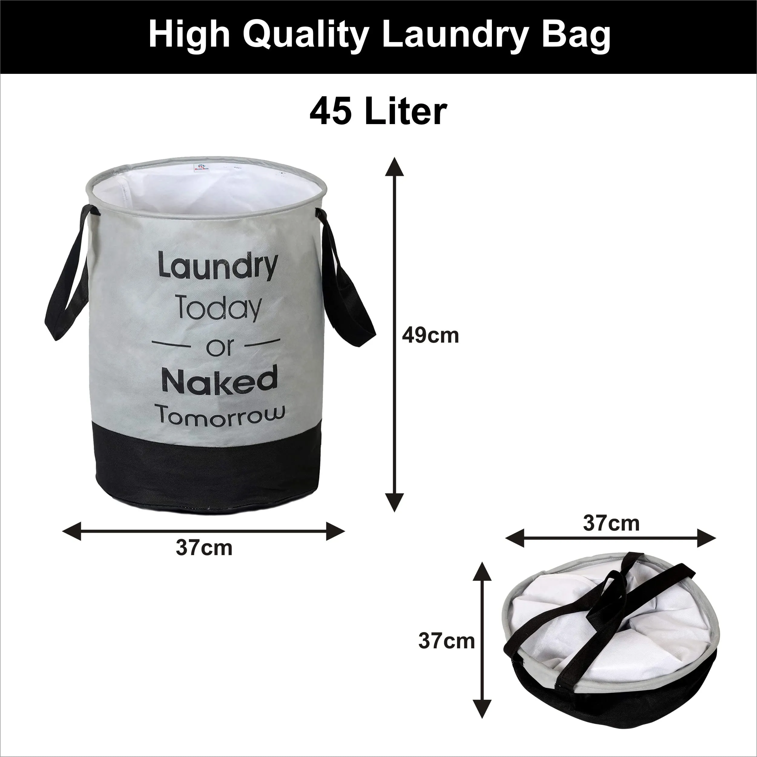 Heart Home Waterproof Round Non Wovan Laundry Bag/Hamper|Metalic Printed With Handles|Foldable Bin & 45 Liter Capicity|Size 37 x 37 x 49, Pack of 1 (Grey & Black)-HEARTXY11447