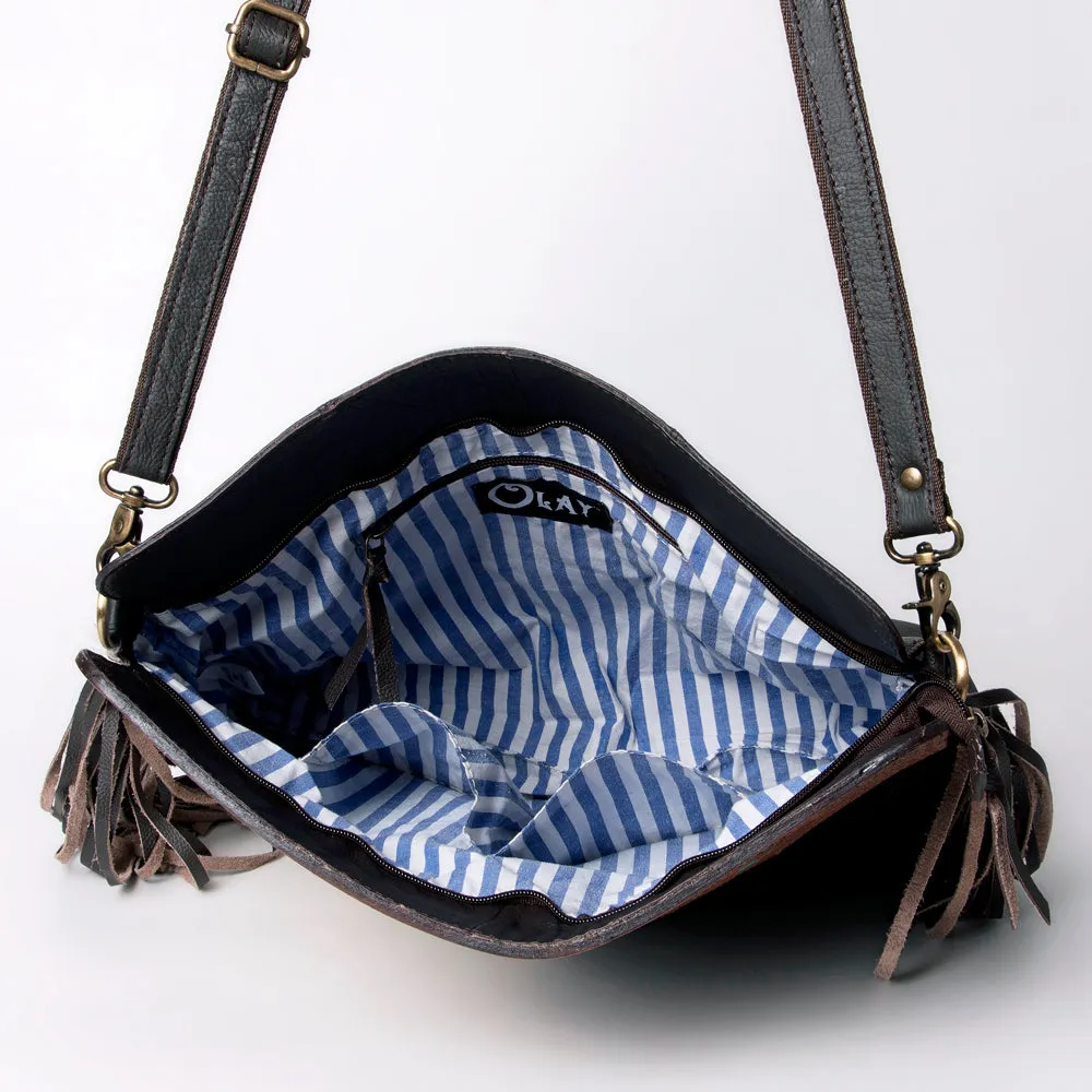 KBA107 - KBA107 -CROSS BODY Hand Tooled Saddle Leather and Upcycled Canvas Ladies Bag 9.5x11.5 KBA10