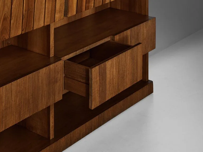 Large Italian Bookcase in Walnut, Cherry, and Grasscloth