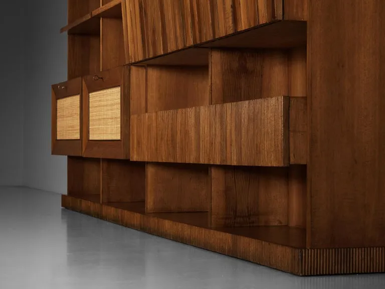 Large Italian Bookcase in Walnut, Cherry, and Grasscloth