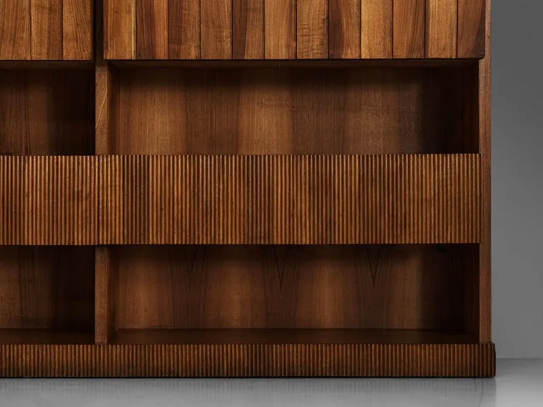 Large Italian Bookcase in Walnut, Cherry, and Grasscloth