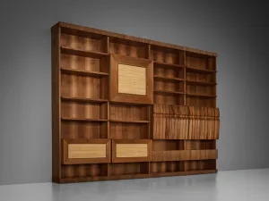 Large Italian Bookcase in Walnut, Cherry, and Grasscloth