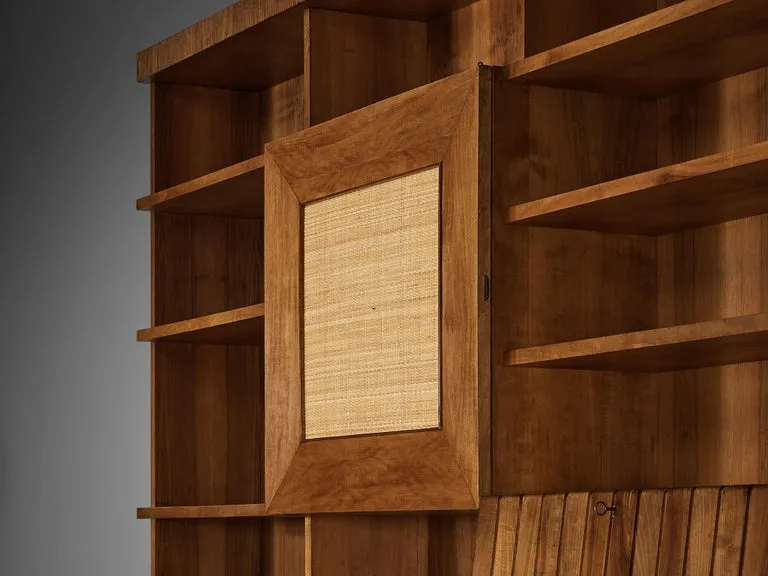 Large Italian Bookcase in Walnut, Cherry, and Grasscloth