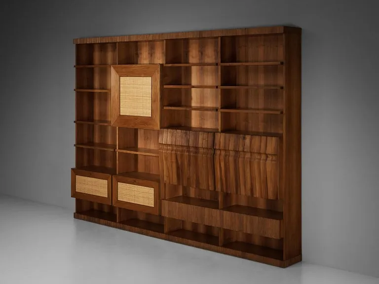 Large Italian Bookcase in Walnut, Cherry, and Grasscloth