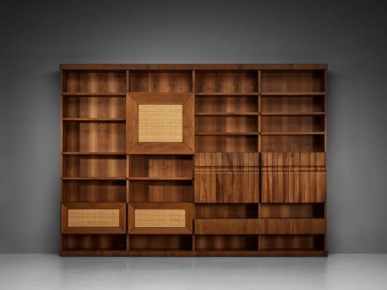 Large Italian Bookcase in Walnut, Cherry, and Grasscloth
