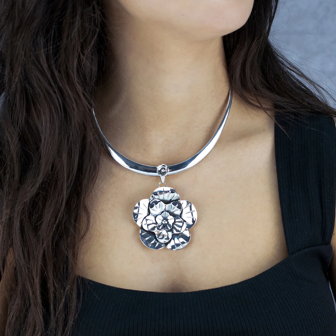 Large Sterling Silver Flower Pendant