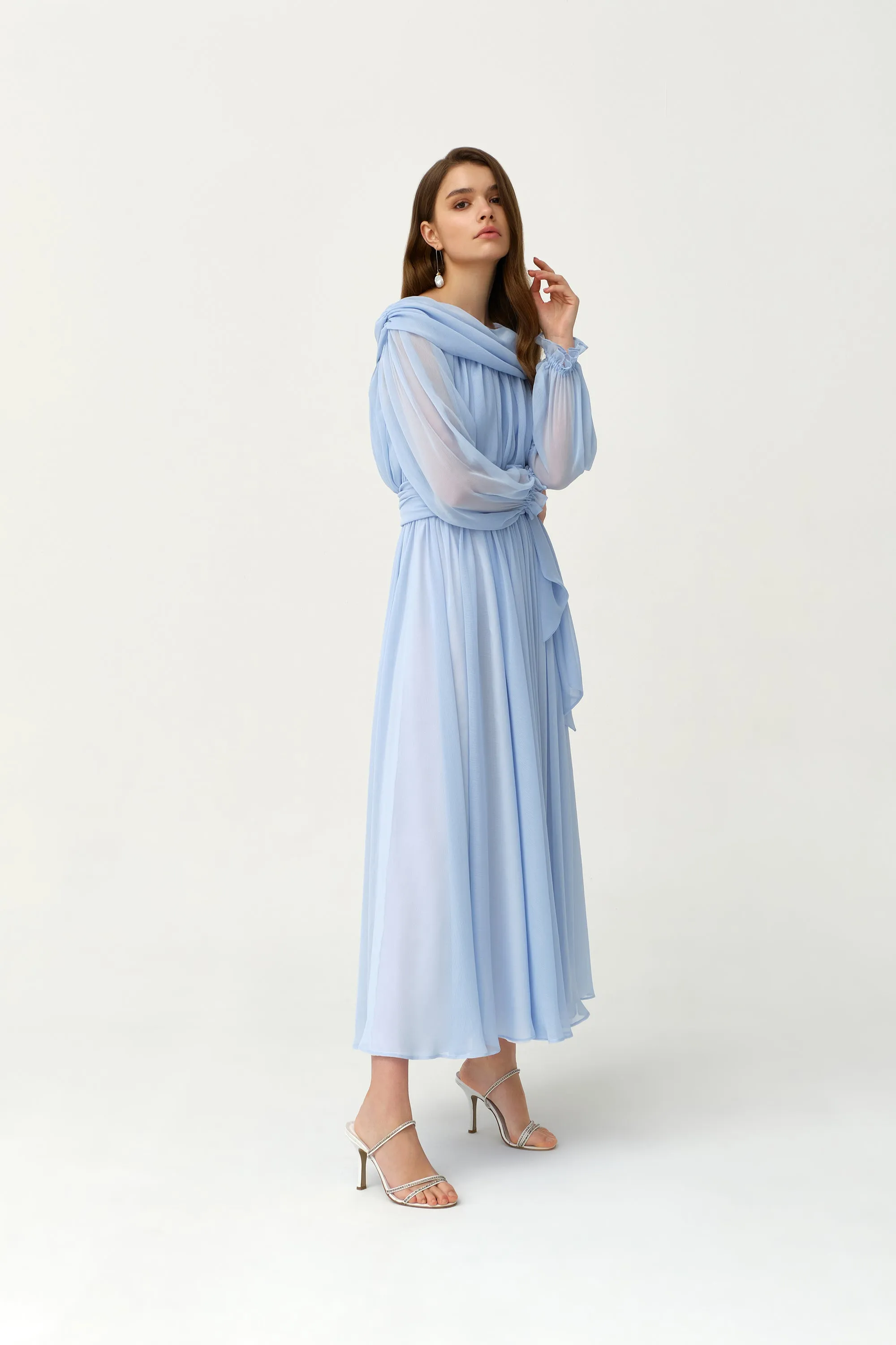 Light Blue Chiffon Long Fancy Pleated Kaftan - NW-NO.4
