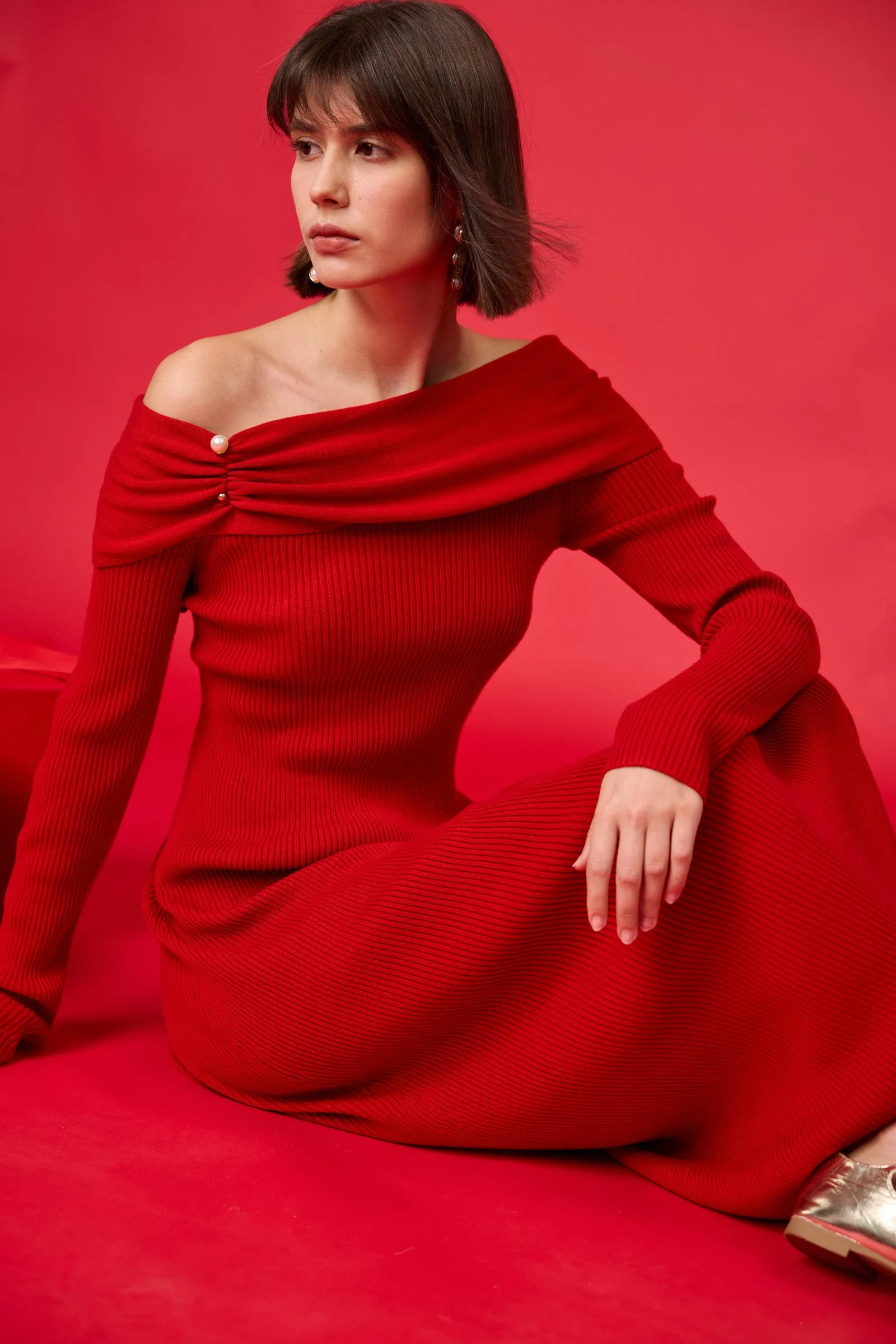 LILY Draped Off-Shoulder A-Line Dress