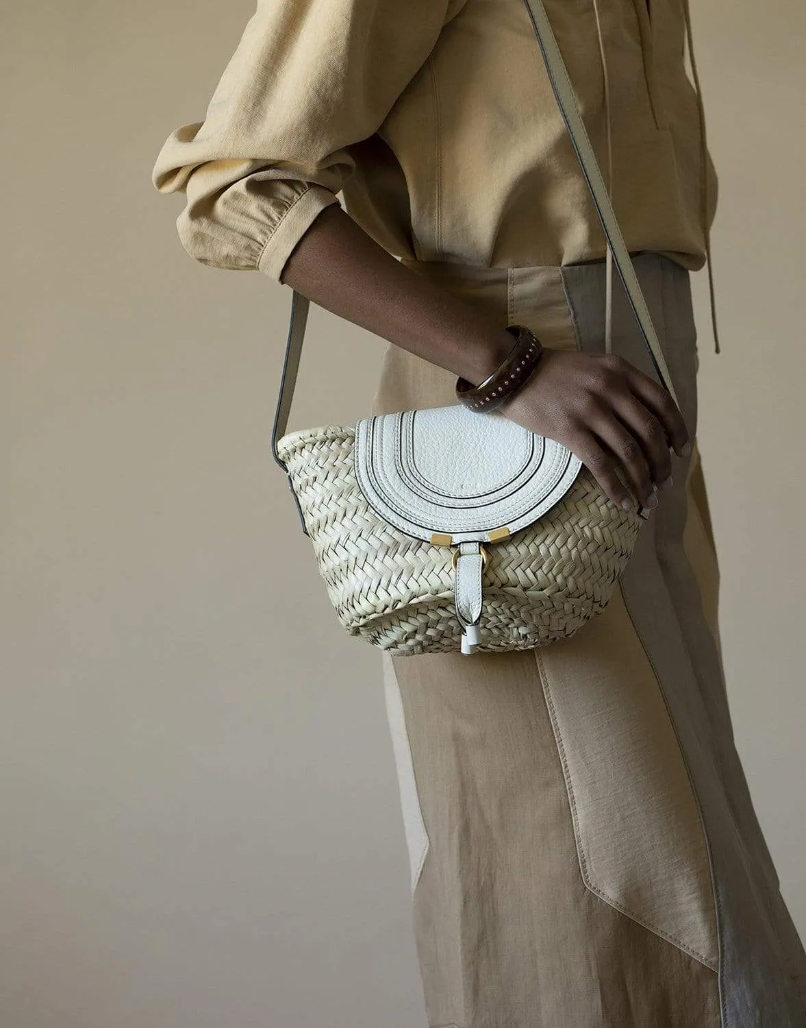 Marcie Leather-Trimmed Raffia Bag