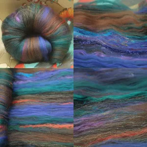 Merino Art Batt  - Black Brown Ultra-violet Green - 83 grams 2.9 oz - Wool for felting, spinning and weaving