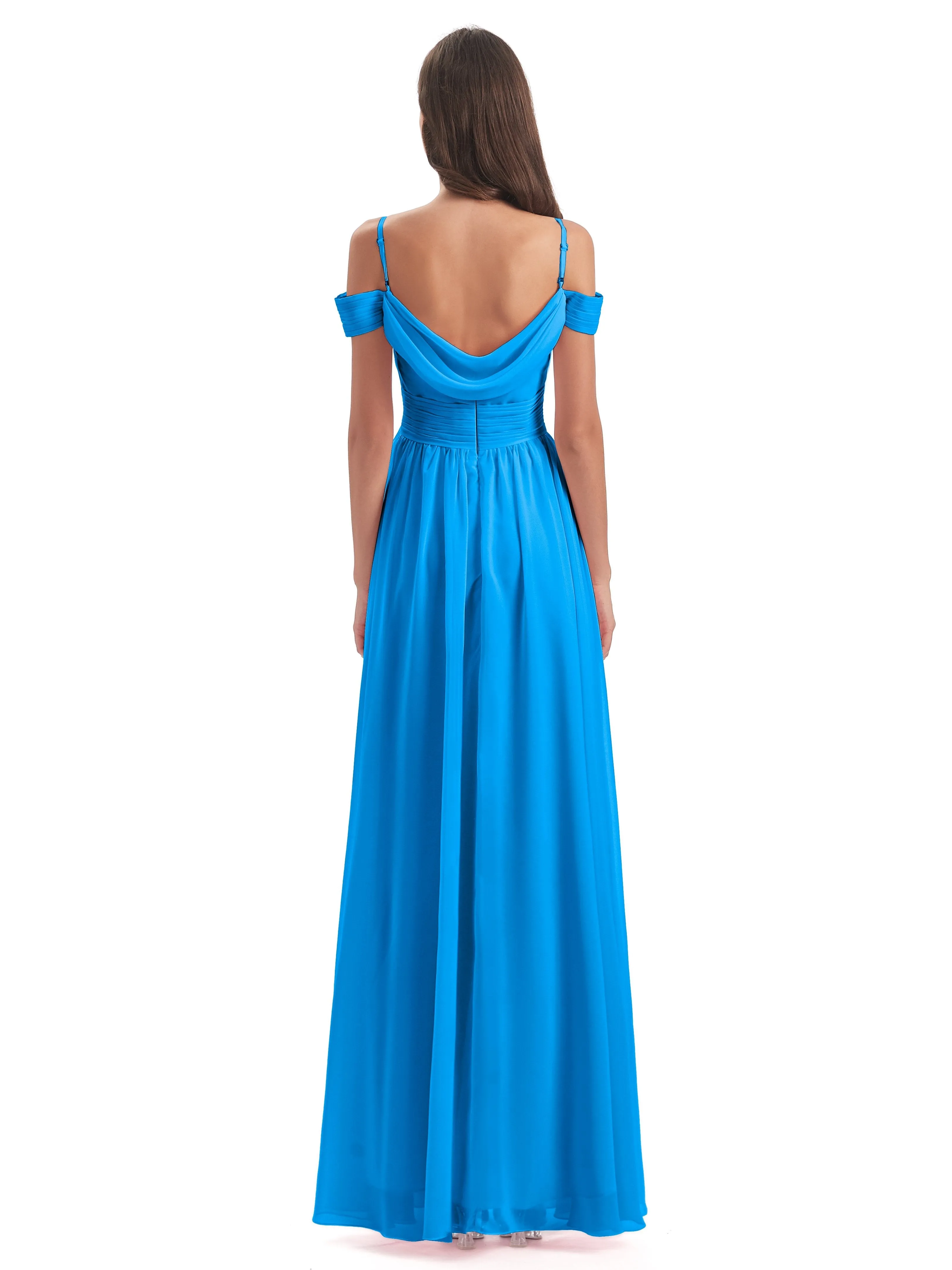 Ocean Blue Color Bridesmaid Dresses Gorgeous Chiffon Off The Shoulder Long Bridesmaid Dresses