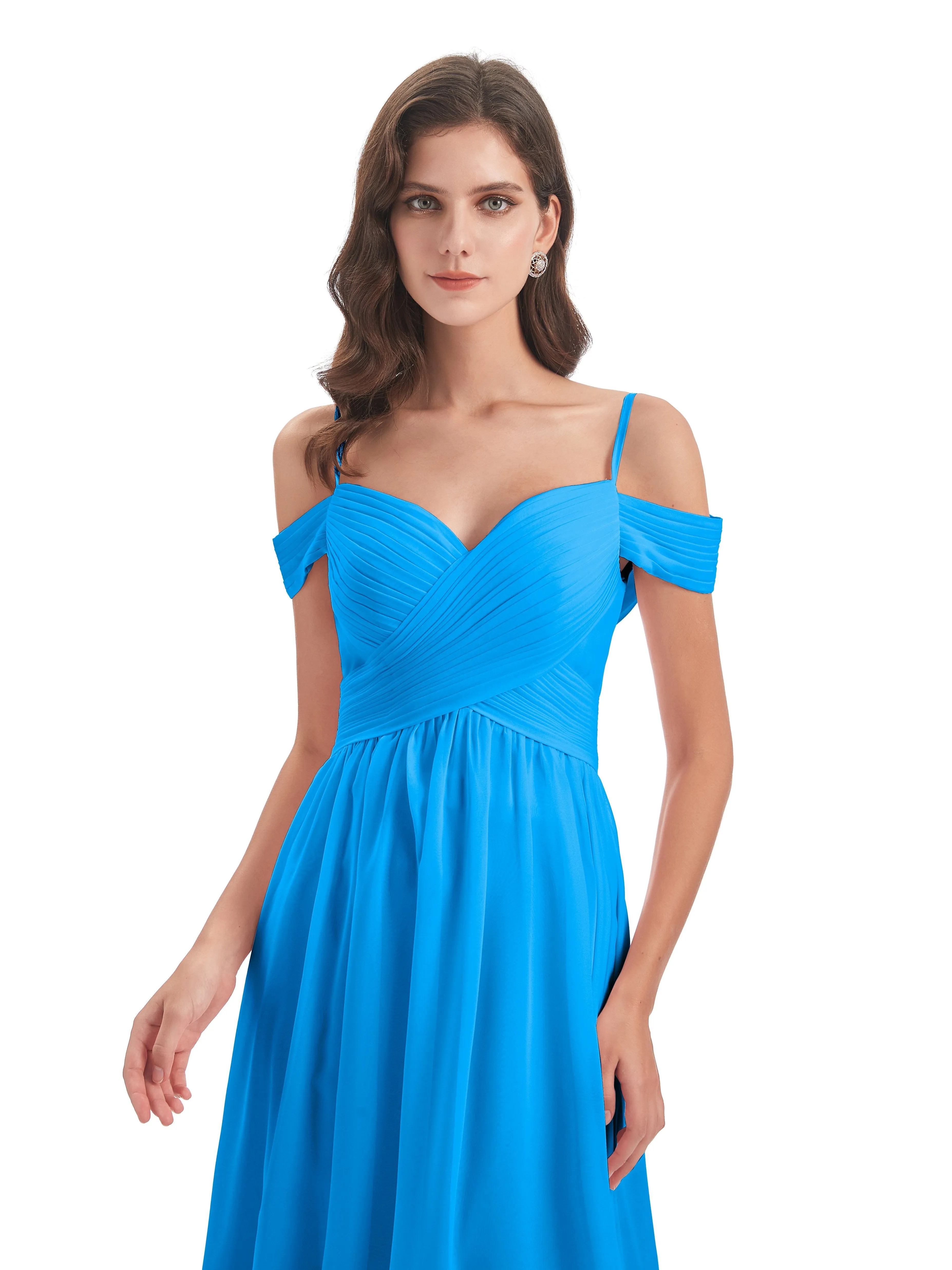 Ocean Blue Color Bridesmaid Dresses Gorgeous Chiffon Off The Shoulder Long Bridesmaid Dresses