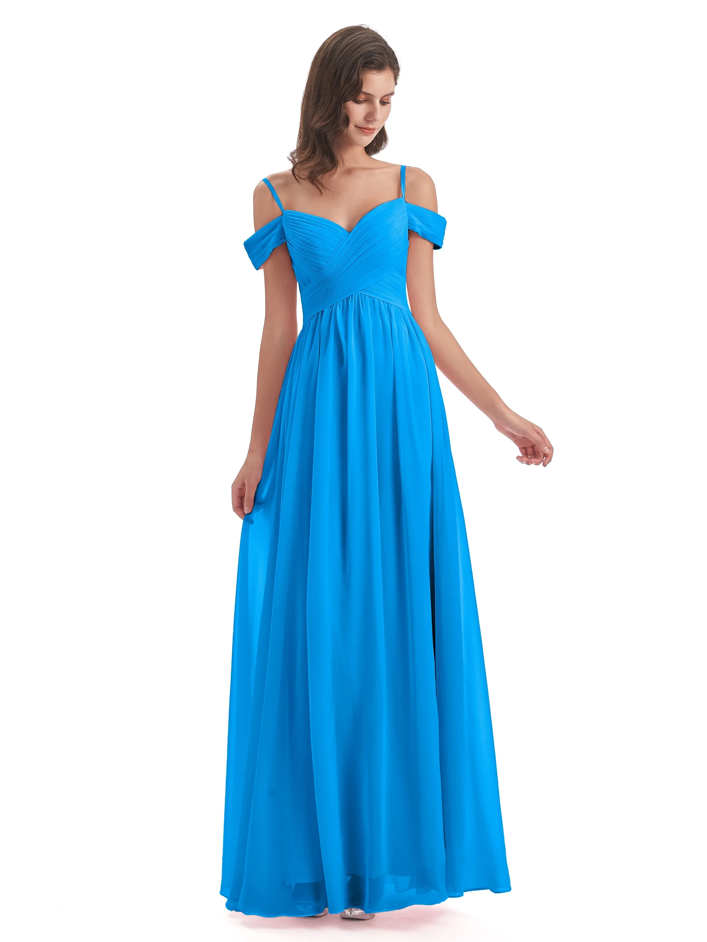 Ocean Blue Color Bridesmaid Dresses Gorgeous Chiffon Off The Shoulder Long Bridesmaid Dresses