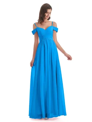 Ocean Blue Color Bridesmaid Dresses Gorgeous Chiffon Off The Shoulder Long Bridesmaid Dresses