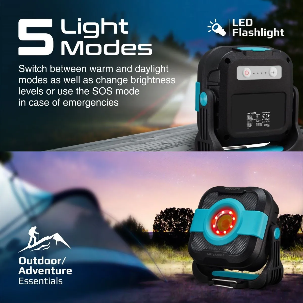 Promate Portable Camping Light with Power Bank, IP65 Water & Weather Resistant, 3 Colour Modes