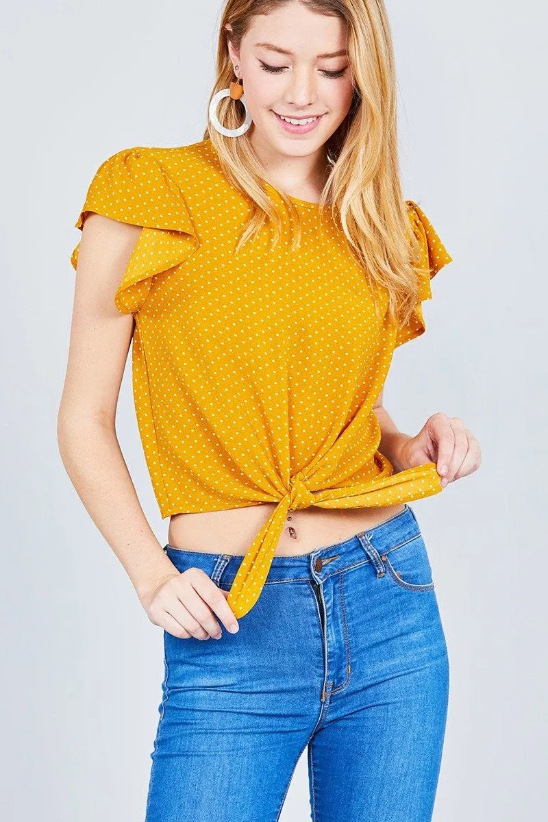 Ruffle Sleeve Dot Print Woven Top w/ Front Tie
