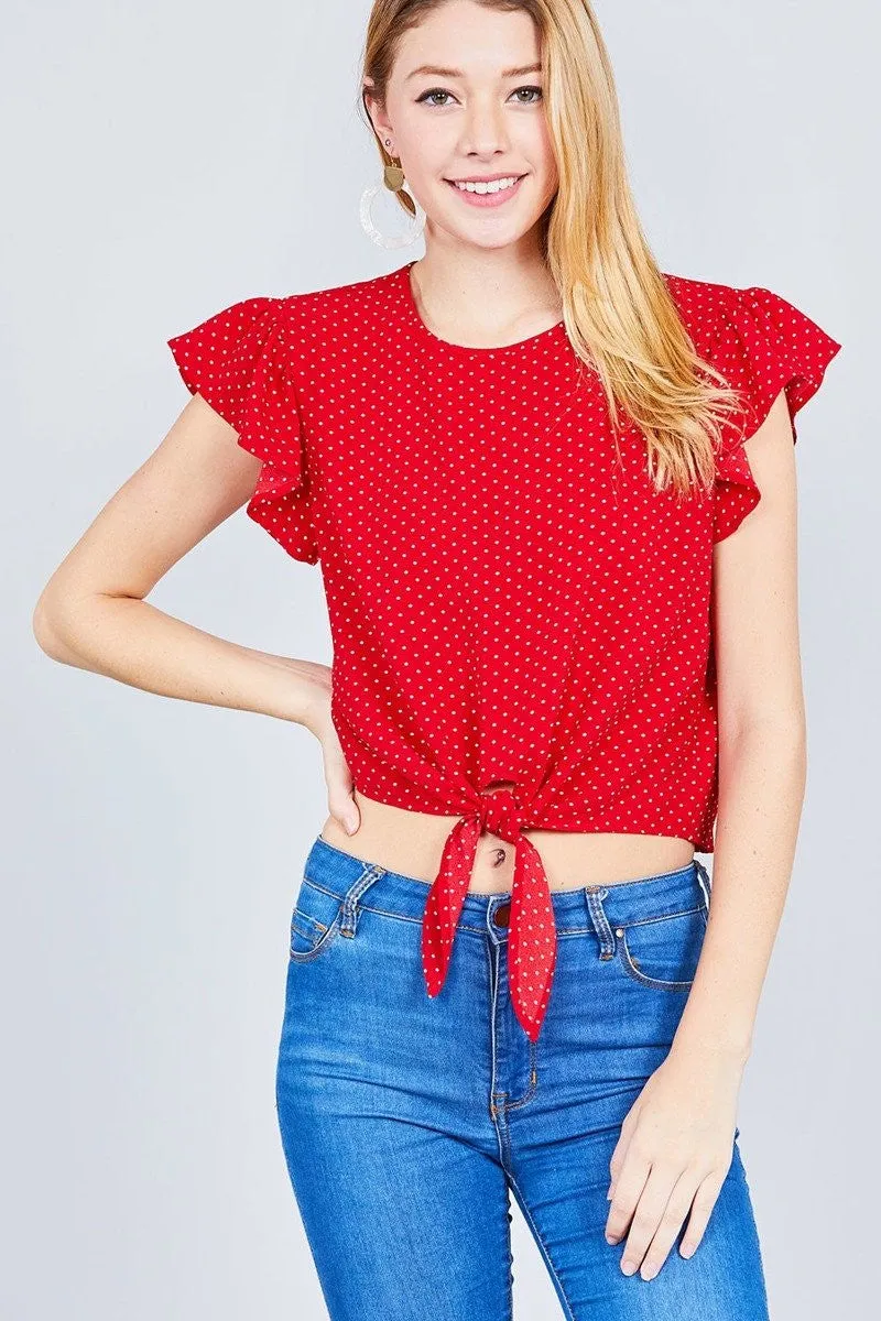 Ruffle Sleeve Dot Print Woven Top w/ Front Tie