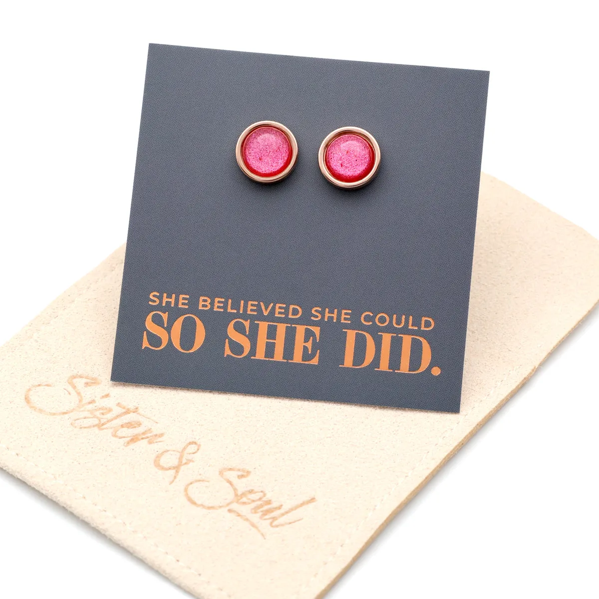She Believed She Could So She Did - Rose Gold Stainless Steel 8mm Circle Studs - Raspberry Shimmer (11344)