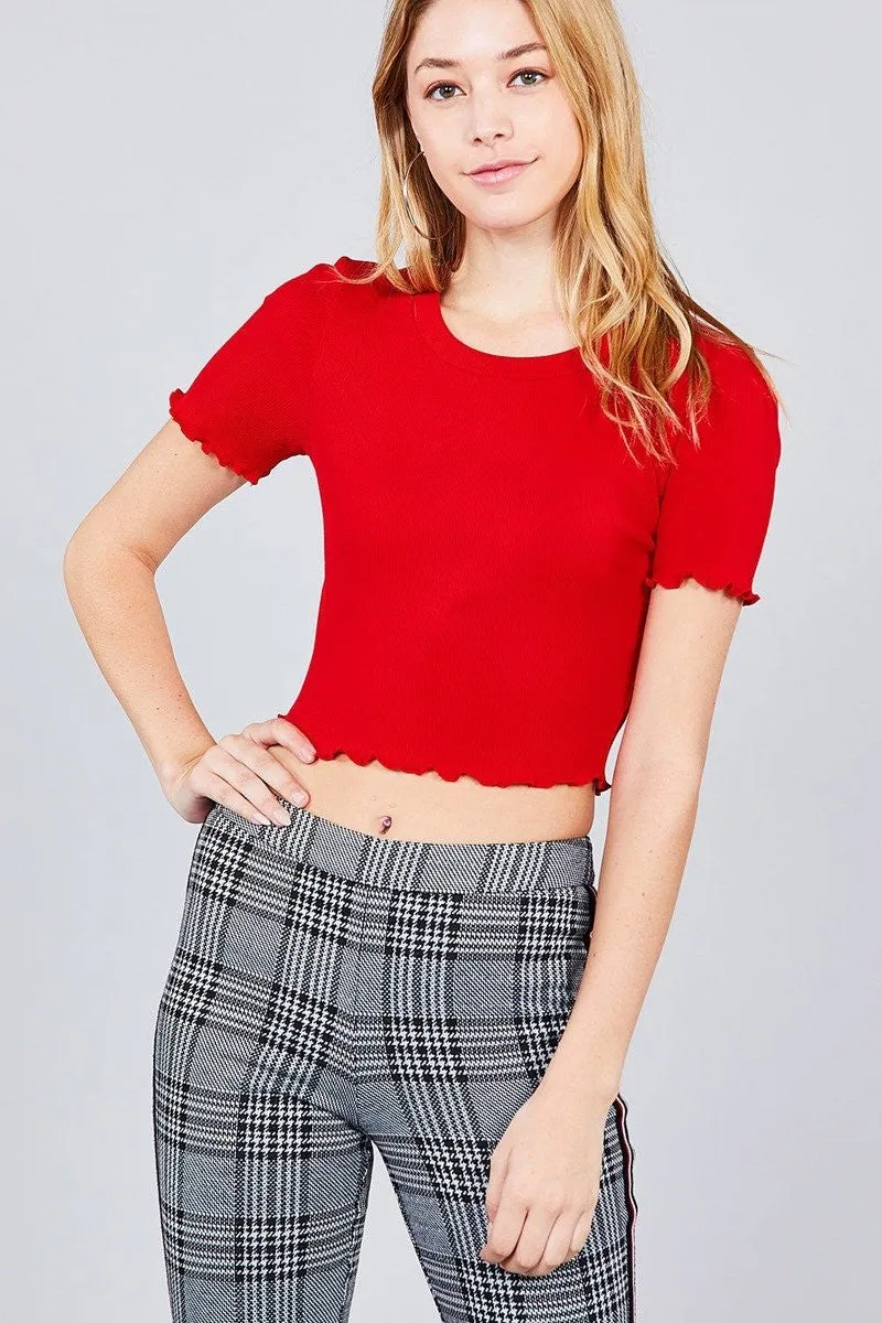 Short Sleeve Lettuce Hem Rib Crop Top