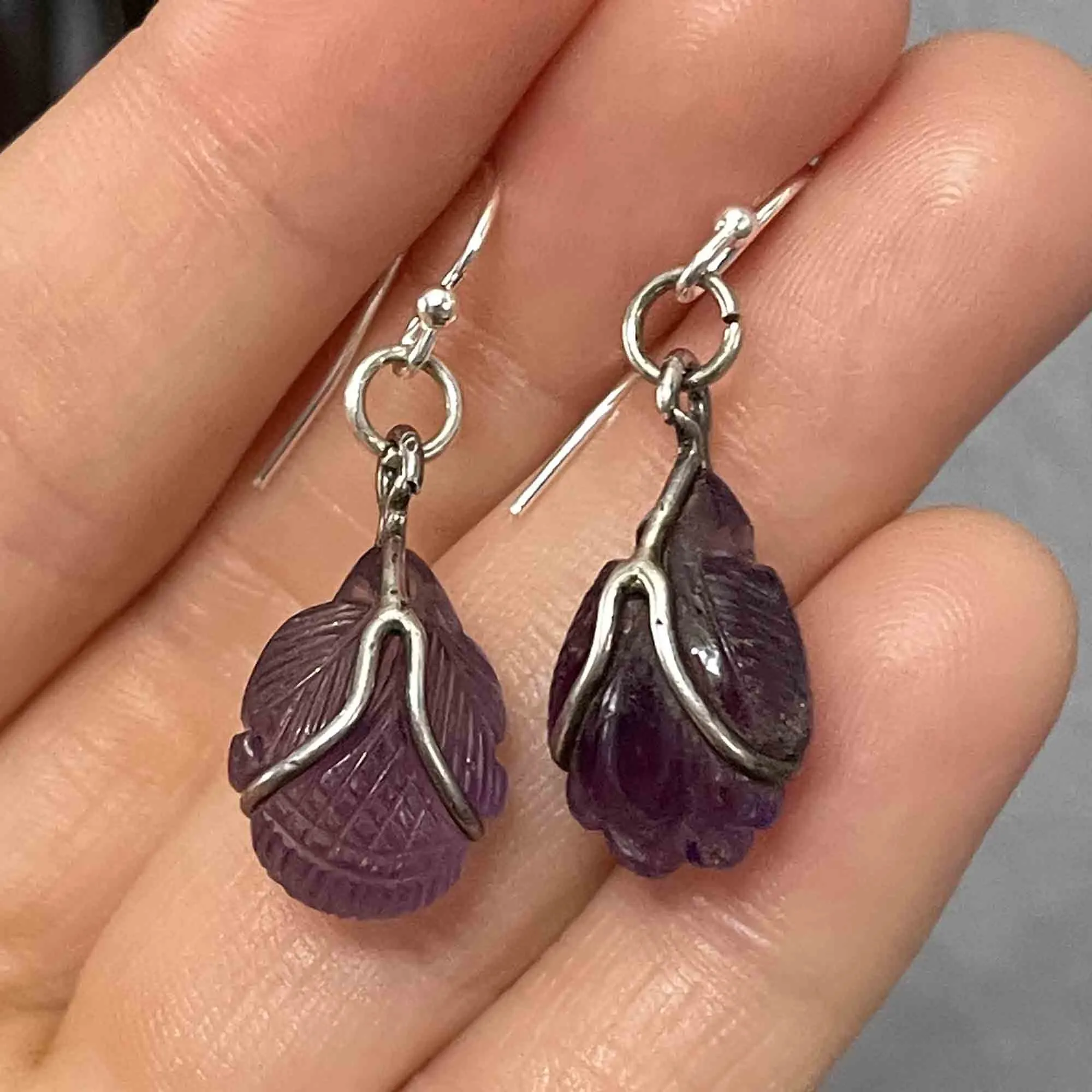 Silver Carved Amethyst Cabochon Bug Leaf Drop Earrings