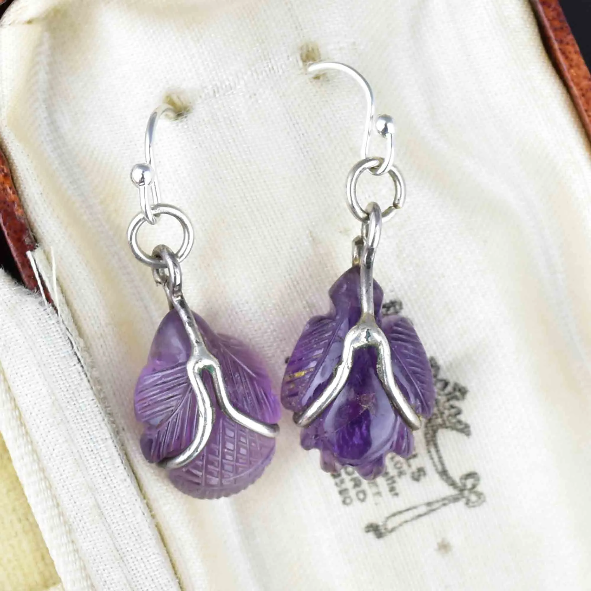 Silver Carved Amethyst Cabochon Bug Leaf Drop Earrings