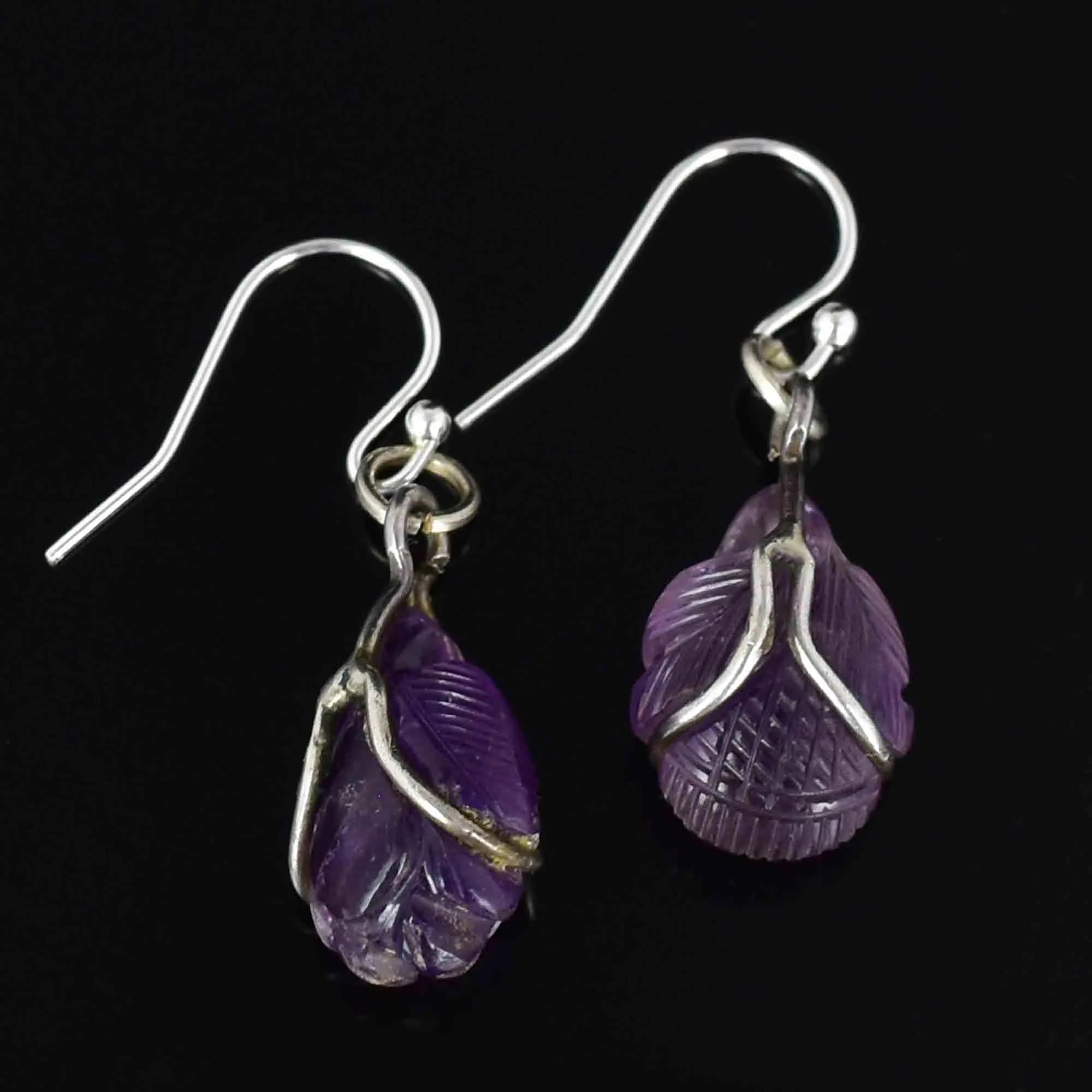 Silver Carved Amethyst Cabochon Bug Leaf Drop Earrings