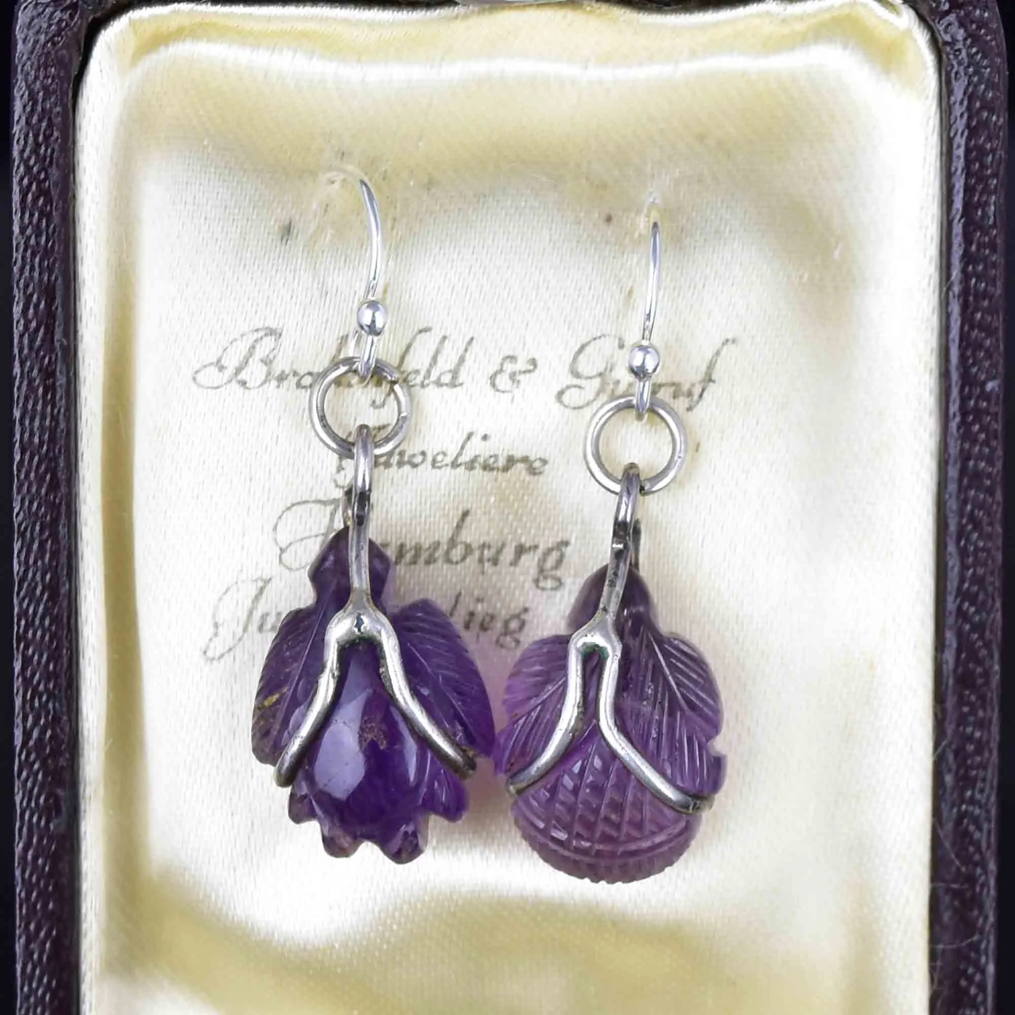 Silver Carved Amethyst Cabochon Bug Leaf Drop Earrings