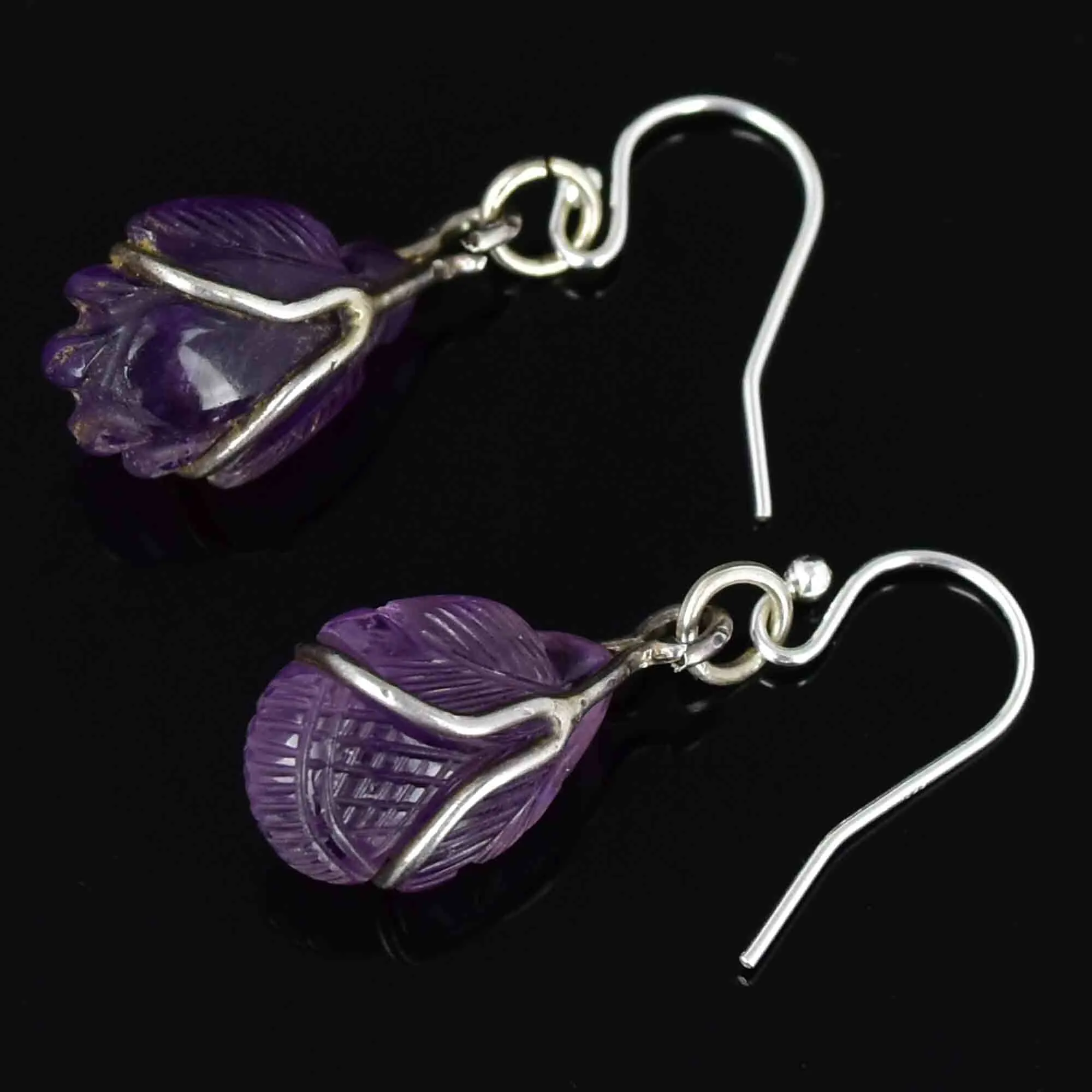 Silver Carved Amethyst Cabochon Bug Leaf Drop Earrings