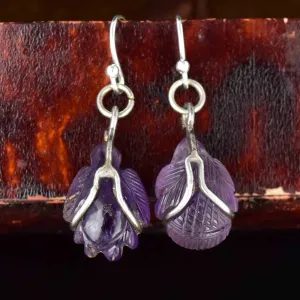 Silver Carved Amethyst Cabochon Bug Leaf Drop Earrings