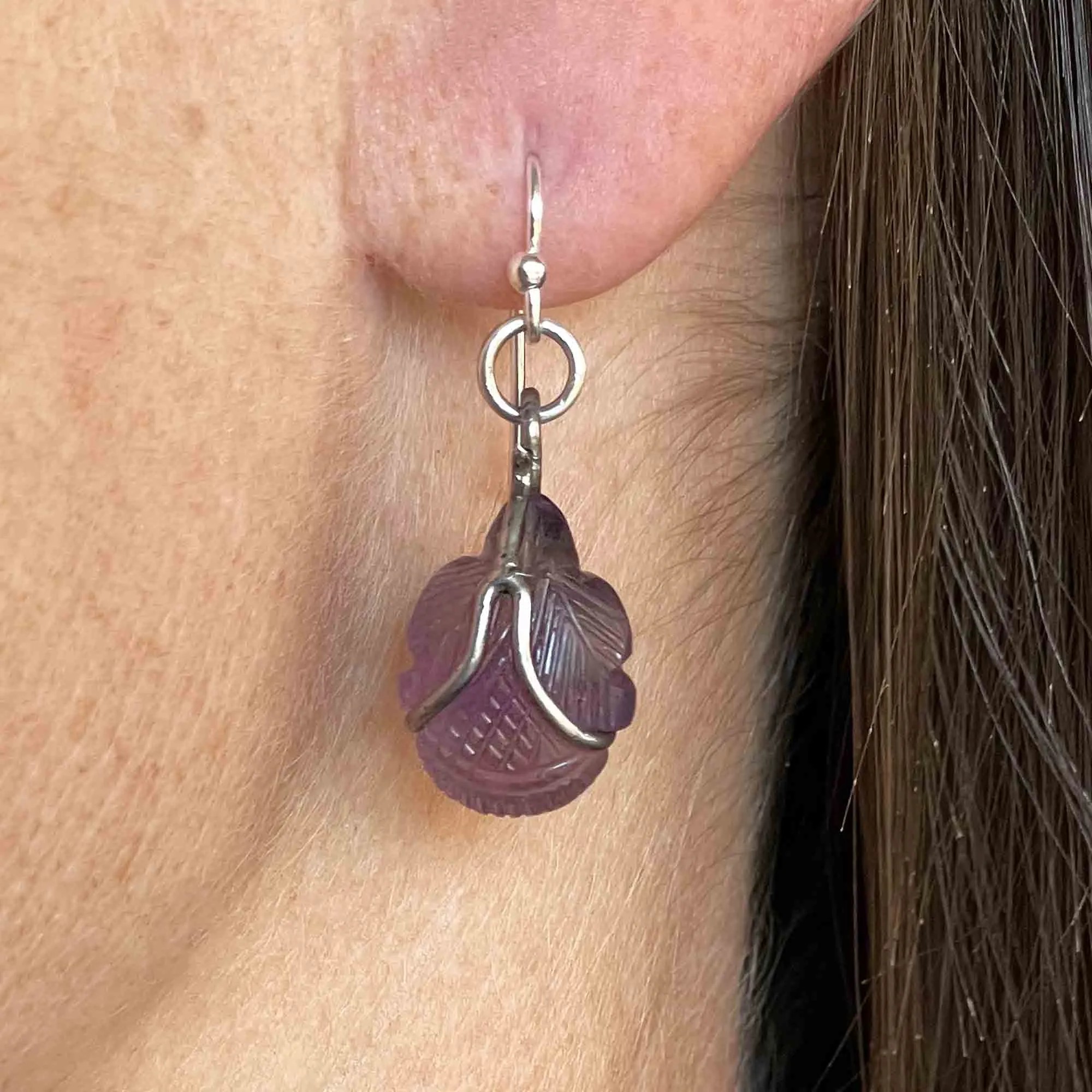 Silver Carved Amethyst Cabochon Bug Leaf Drop Earrings