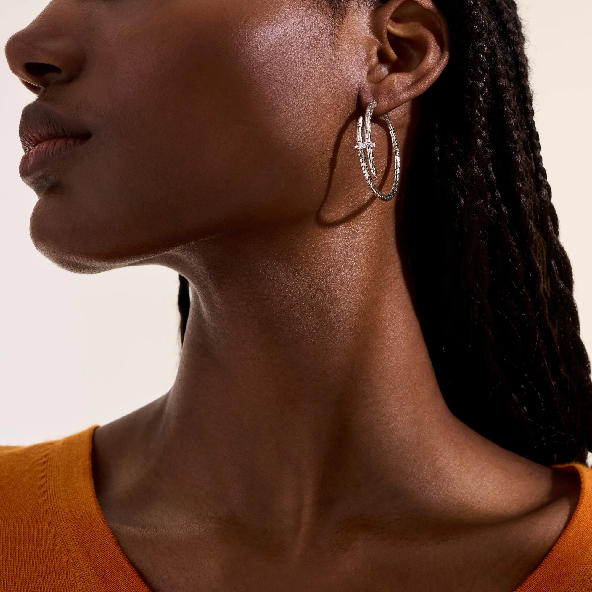 Spear Hoop Earring, Silver, Diamonds, 40MM|EBP9012472DI