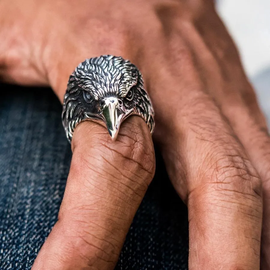 Sterling Silver Eagle Head Biker Ring