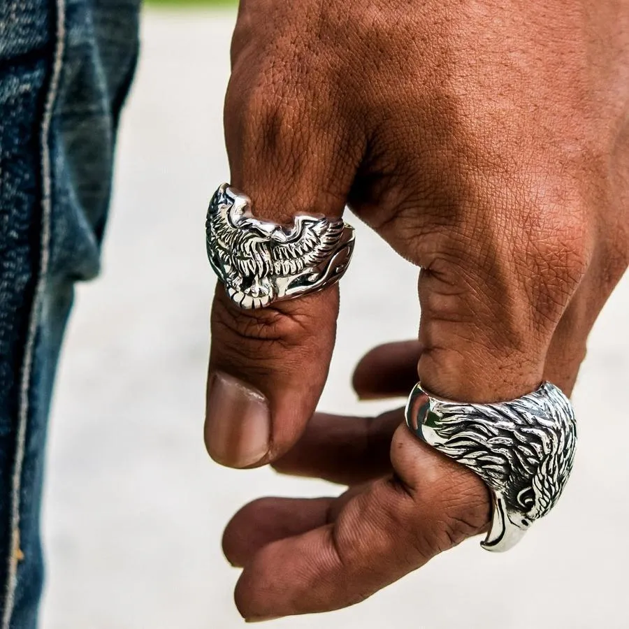 Sterling Silver Eagle Head Biker Ring